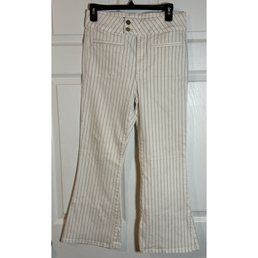 Frame Le Hardy Crop Flare High Rise Pants Cream and Tan Striped Size 30